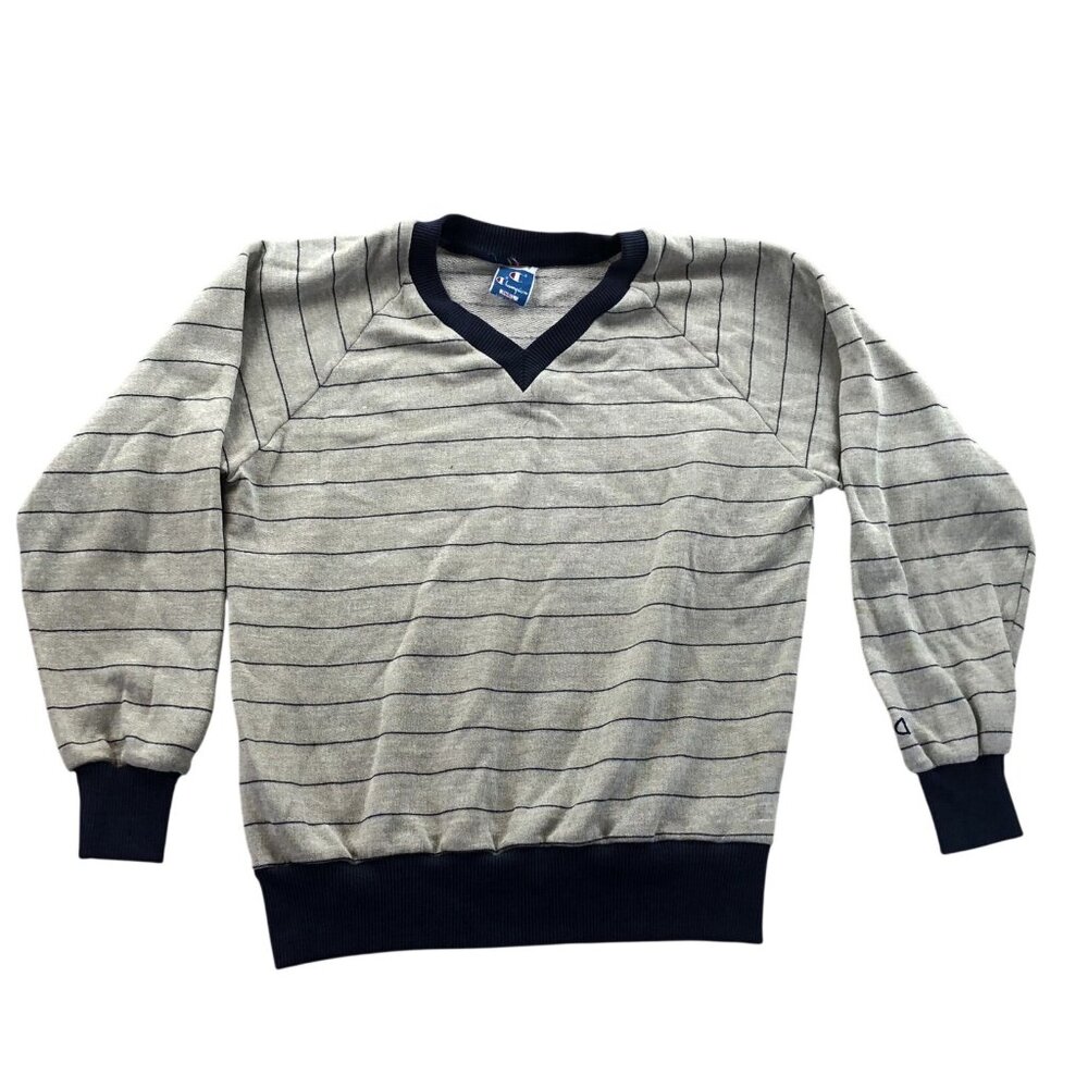 Vintage Champion Men's Sweater Small Gray Striped V-Neck Pullover Flaws